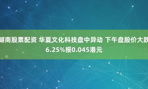 湖南股票配资 华夏文化科技盘中异动 下午盘股价大跌6.25%报0.045港元